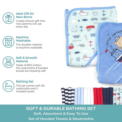 23-Piece Set, 3 20 Spasilk Soft Terry Hooded Bath Towel and Washcloth Baby Towels and Baby Washcloths for Newborn Boys