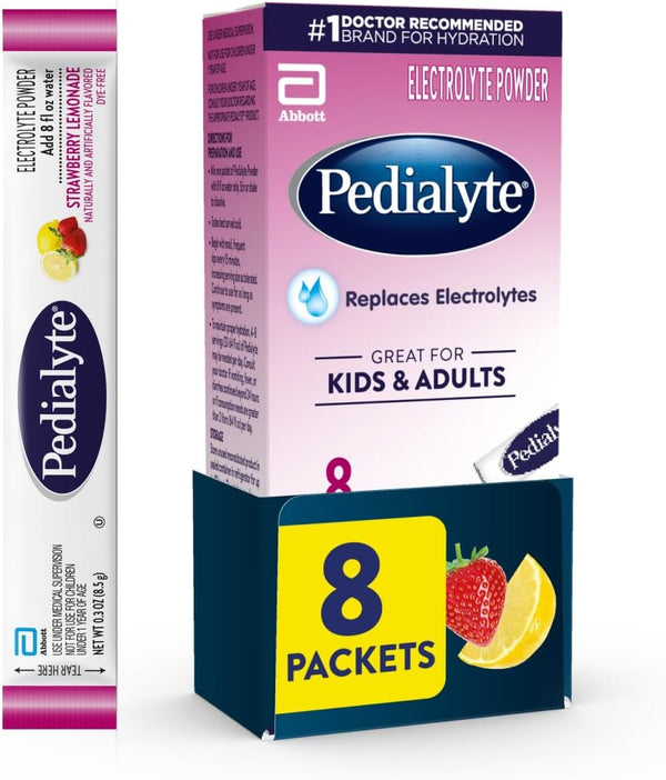Pedialyte Electrolyte Powder, Hydration Drink for Kids & Adults, Strawberry Lemonade, 8