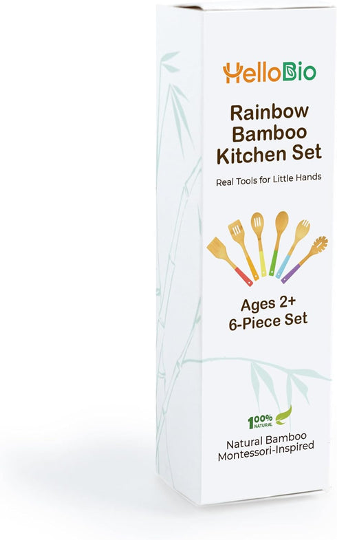 Set 6-Piece 2+ Rainbow Bamboo Kitchen Utensil for Kids Montessori-Inspired Real Cooking Tools | Ages | Natural Bamboo |