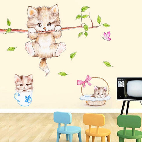 Kiddale Cute Cat Wall Decals - Removable Cat Tree Branches Butterfly Wall Stickers for Kids Rooms Nursery Decoration