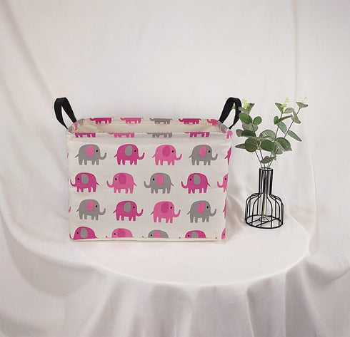 Elephant Print Rectangular Storage Bin, Canvas Fabric Toy Box, Waterproof Coating Nursery Hamper with Handles, Gift