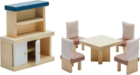 PlanToys Wooden Dining Room Set | Montessori Dollhouse Furniture with Table, Chairs,