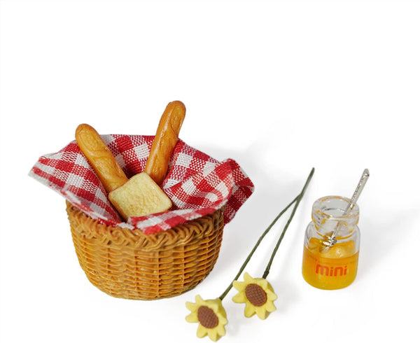 Miniature Food Dollhouse Accessories 9PCS Decor with 1:12 Scale Bread, Honey Basket, Picnic Cloth, and Flowers