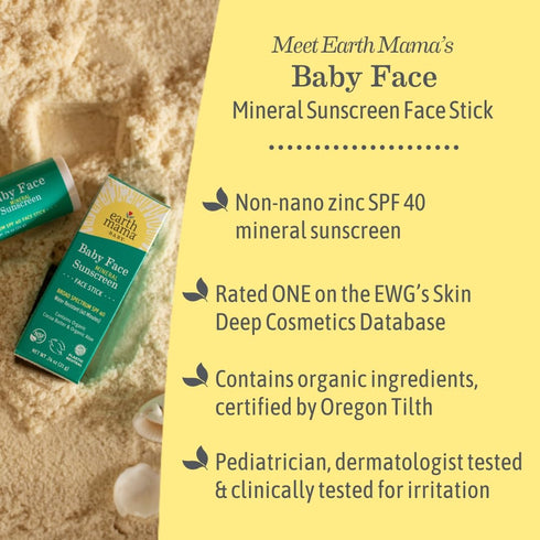 Earth Mama 40 0.74-Ounce, 3-Pack Baby Face Mineral Sunscreen Stick SPF | Non-Nano Zinc, Natural Water Resistant Sun