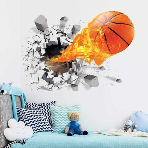 Supzone 3D Basketball Wall Sticker, Self-Adhesive Vinyl Removable Flying Basketball Art for Kids Bedroom
