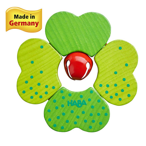HABA Wooden Shamrock Baby Teether Toy - Sensory Toy for Babies 6-18 Months, Teething Ring Baby Gift, Made in Germany