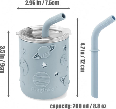 6-in-1 Set PandaEar Stainless Steel Baby Feeding | Divided Suction Plate, Bowl, Sippy Cup with Straw, Bib, Spoon & Fork