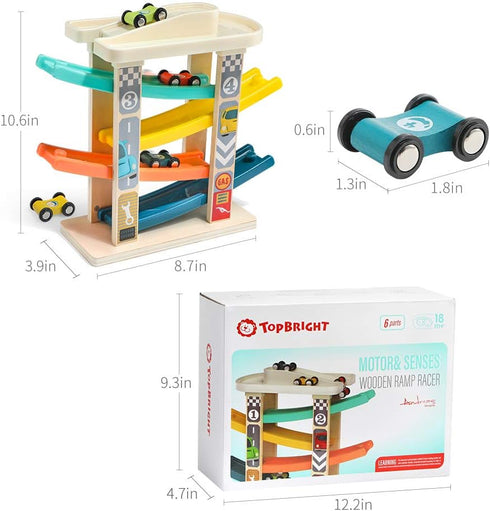TOP Bright Wooden Race Track Car Ramp Toys for 1-2 Year Olds, Motor Skills Playsets with Mini Cars & Garage
