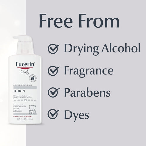 B5 13.5 Oz Eucerin Baby Body Lotion, Hypoallergenic and Fragrance Free Baby Lotion with Pro-Vitamin and Shea Butter, Fl