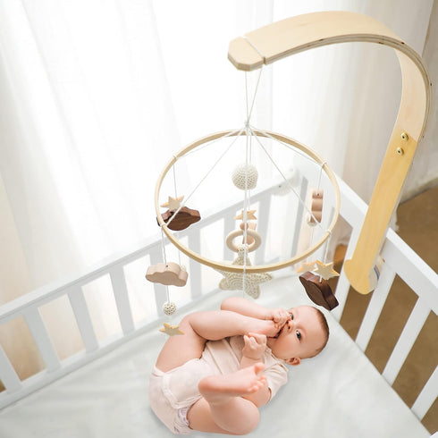 Set let's make Baby Crib Mobile with Arm Boho Star Moon Nursery Mobile Wooden Baby Mobile Holder for Hanging Nursery