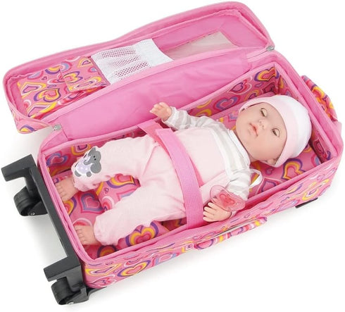 14 Inch Backpack 14" 15" Emily Rose Doll Travel Carrier - Pink Hearts Design with Wheeled Trolley, Removable Bed