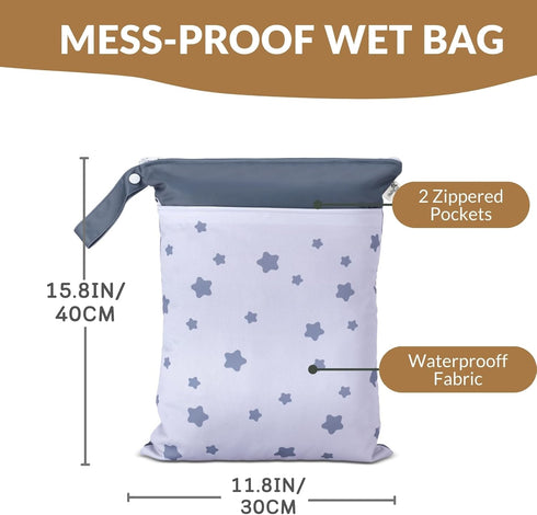 BebeBiu 2 100% Wave-2pk) Cloth Diaper Wet Bags Waterproof & Reusable Bag with Zippered Pockets, Polyester with Handle