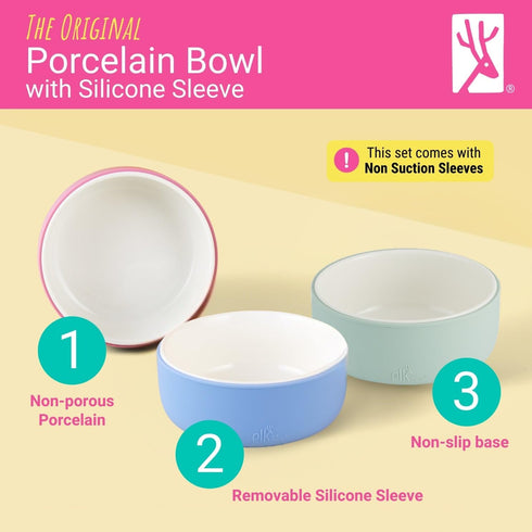 4 Pack Elk and Friends Kids Porcelain Bowls with Silicone Sleeves | Suitable for Babies/Toddlers | Microwave