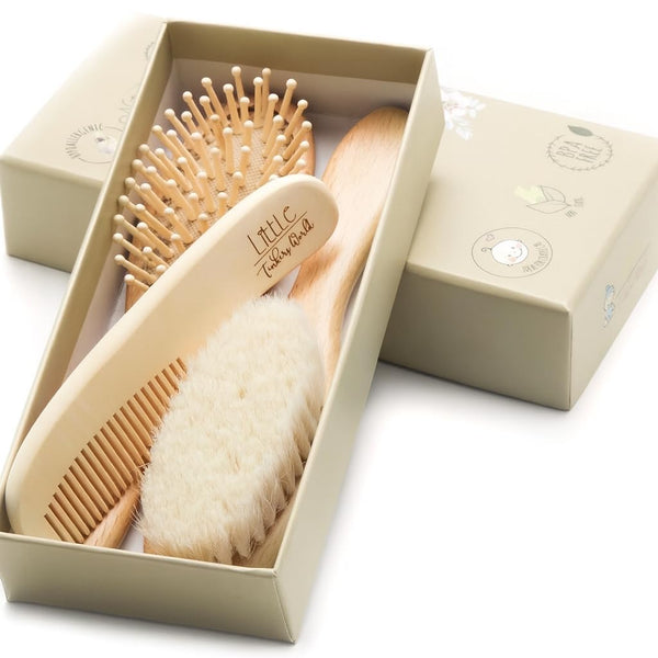 Baby Hair Brush and Comb Set, 4 Piece Wooden Soft Bristle Set for Newborn Girl, Boy, Toddler