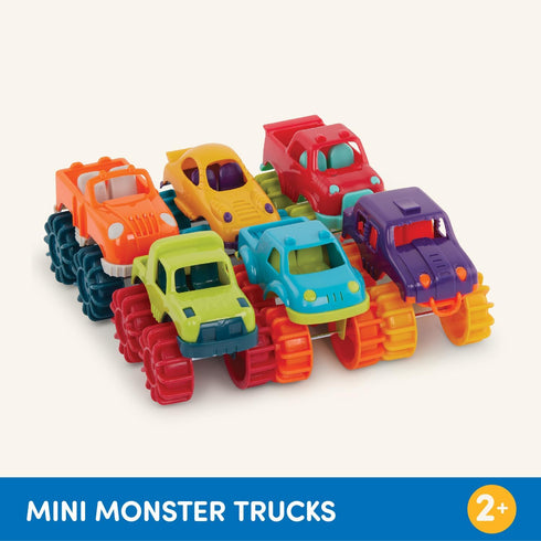Battat Plastic Toy Cars - 6-Pack with Storage Bag, Colorful Toddler Trucks, Easy to Clean, Mini Monster Trucks for 2+
