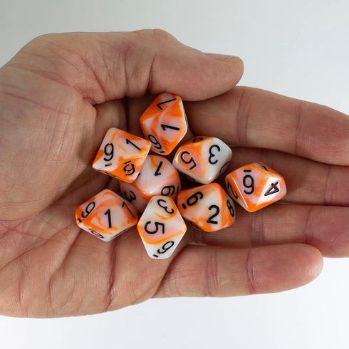 Orange and White D10 Dice Set - 8 Dice - 'Troll Slayer'