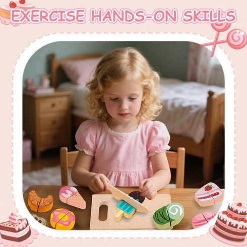 Embosomitr 12PCs Set Set 3 Ice Cream Toy Wooden Cake Toy Cutting Play Pretend Food Play Toy Kitchen with Wooden Knife
