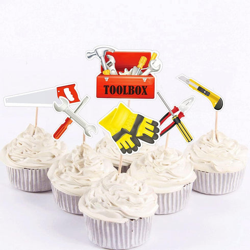 The DaPai 24 Pack Toolbox Hammer Tools Themed Cupcake Toppers Cake Decorations Handyman Plier Screwdriver Drill Wrench