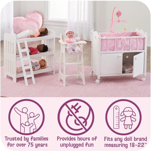 18 Inch Badger Basket Executive Doll High Chair - Wooden Toy Chair with Liftable Tray, Fabric Seat Trim, and Realistic