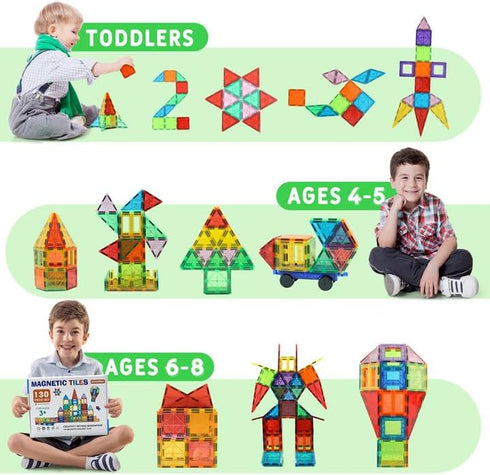 EchoPlan 130PCS Magnetic Tiles with 2 Cars, 3D Clear Building Blocks Set for Kids 3-9+ Years Old