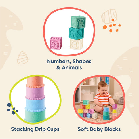 6+ B. toys Sensory Baby Toys Soft Baby Blocks Stacking Drip Cups Numbers, Shapes & Animals Months Stackin' Squishies