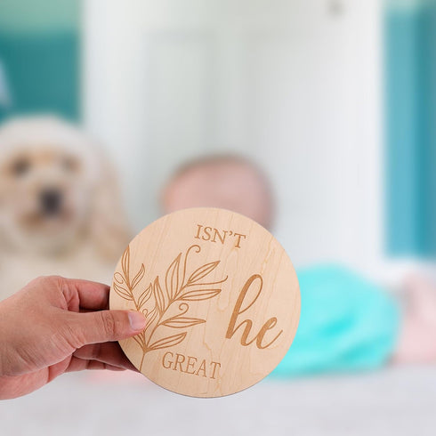 PEUTIER 6 Inch Double-Sided Gender Reveal Signs, Wooden Baby Announcement Sign Isn't She or He Round Photography Props