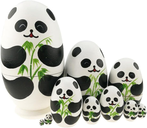 Cute Animal Theme Black and White Panda Egg Shape Wooden Nesting Dolls Set - 10 Pieces for Kids Toy