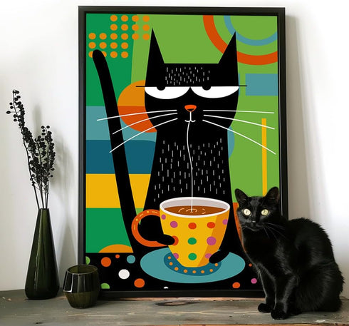 Bgraamiens Puzzle - Coffee Cat - 1000 Pieces Modern Art Cartoon Cat Puzzle for Adults