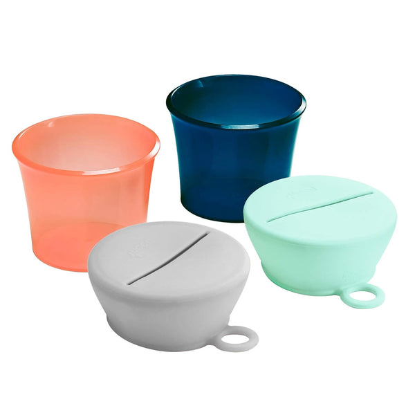 Boon Snug Toddler Snack Containers - 2 Lids and 2 Spill Proof Cups for Home and Travel Essentials (Pink, Blue)