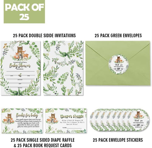 skuhyyg 25 Woodland Baby Shower Invitations with EnvelopesWoodland Diaper Raffle Tickets & Book Request Cards, Woodland