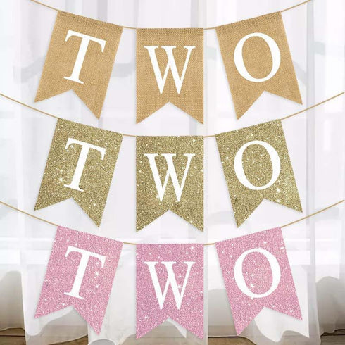 NISEVAN 2nd Pre-Strung Two Banner Gold Glitter High Chair Banner for Kids Birthday Decorations Two Years Old Baby Boy