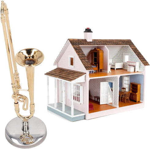 Copper Miniature Trombone with Stand and Case, Dollhouse Musical Instruments Accessories for Mini Musical Model