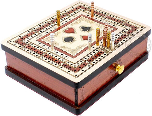 3 Track Non-Continuous Travel Cribbage Board - 60 Points, Maple/Bloodwood Inlaid, 6" x 5" with Storage Drawer