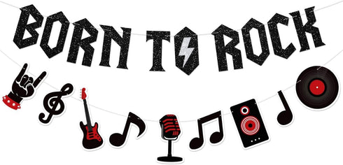 Born to Rock Glitter Banner - Music Note Garland for 1950's Rock and Roll Party Decorations, 1st Birthday Supplies