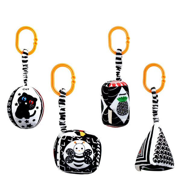 KAKIBLIN Baby Hanging Rattle Toys, 4 Pack Soft Squeaky Toys for 0-6 Months Newborn Infant Car Seat Travel