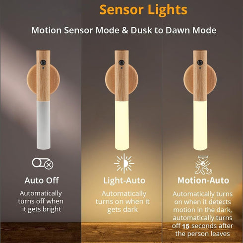 2-Pack Set, LANDGOO Magnetic Night Light with Motion Sensor, Ash Wood Cylindrical Rechargeable LED Lamp White Light