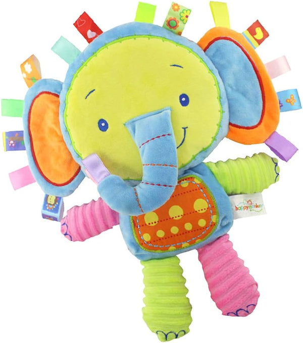Baby Tags Toy, Taggie Security Blanket Elephant Stuffed Toy with Ribbons & Rattle