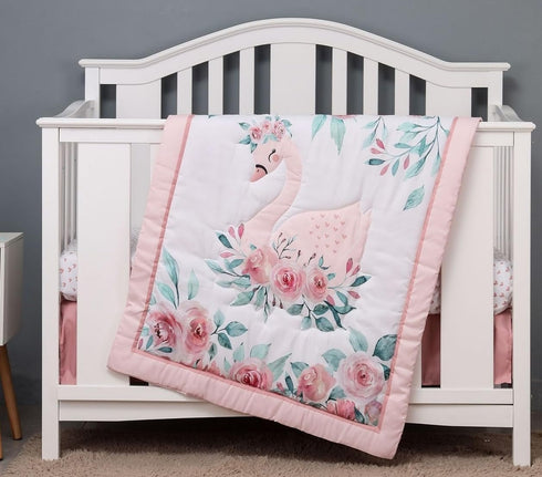 Whimsical Pink Swan Baby Quilt with Watercolor Roses and Satin Trim