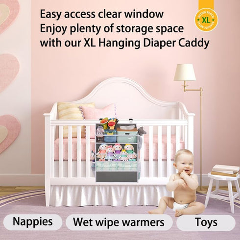 90+Diaper WishJazz XL Hanging Diaper Caddy Organizer for Changing Table, Crib, Playard, Wall & Door, Reinforced Diaper