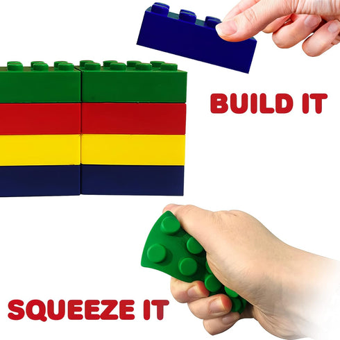 ArtCreativity Building Block Stress Relief Toys for Kids, Set of 12, Stacking Foam Squeeze Toys in 4 Colors