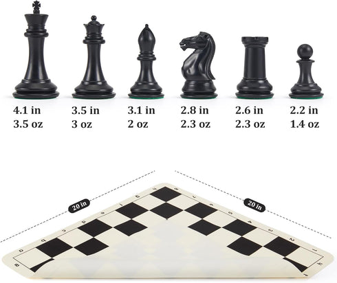 Tournament Portable Chess Set with 20" Silicone Board Mat, 4" King Plastic Weighted Pieces, 2 Extra Queens & Carrying