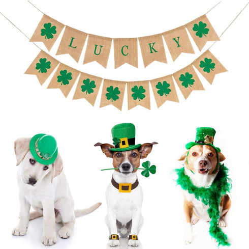 2 Pack St. Patrick's Day Shamrock Burlap Banner, Green Decor for Mantel Fireplace, Indoor Outdoor Party