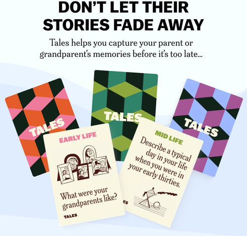 150 TALES Life Story Interview Kit, Conversation Cards, for Grandparents, Parents, Families, Adults, Game Night, Road