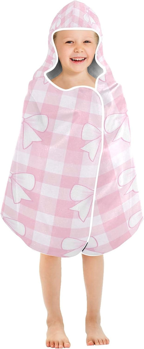 Takiito Bows on Pink Gingham Hooded Baby Towel for Newborn Infant, Soft & Absorbent Bath Towel Essentials, Machine