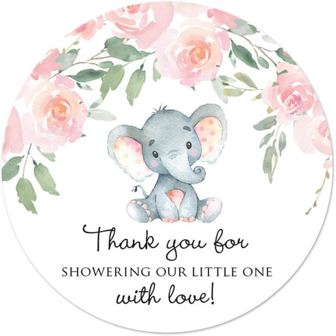 2" Round Elephant Baby Shower Thank You Favor Stickers, 40 Labels, Pink