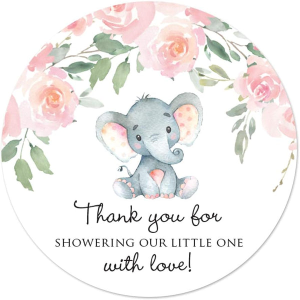 2" Round Elephant Baby Shower Thank You Favor Stickers, 40 Labels, Pink