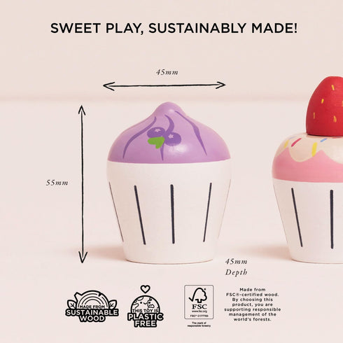 (TV331) Le Toy Van - Adorable Honeybake Petit Four Cupcakes | Childrens Wooden Food Pretend Toy Cakes | Birthday Cake