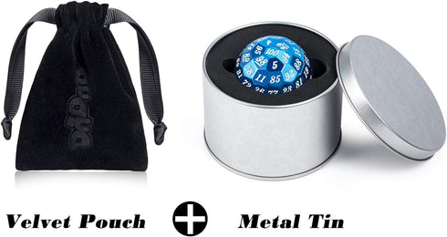 DNDND Blue D100 Dice Set - Single Metal 100 Sided Die with Case and Velvet Pouch for Table Games