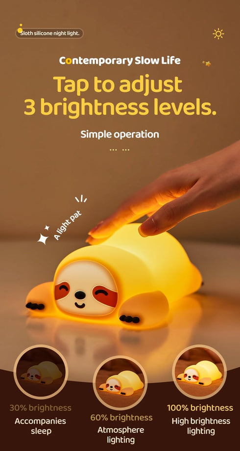 3 Dimmable, Cute Sloth Night Light, Animal Lamp, Food Grade Silicone, Rechargeable, Level Squishy Nursery Nightlight