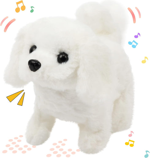 Hopearl 7'' White Bichon Interactive Electronic Pet Plush Toy, Woof and Moving Animated Nodding Head Gift for Toddlers